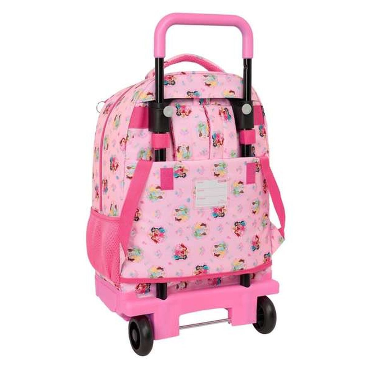Rosa Rollrucksack mit Cartoon-Prints, ausziehbarem Griff und zwei schwarzen Rädern. Er hat Seitentaschen und Schultergurte.