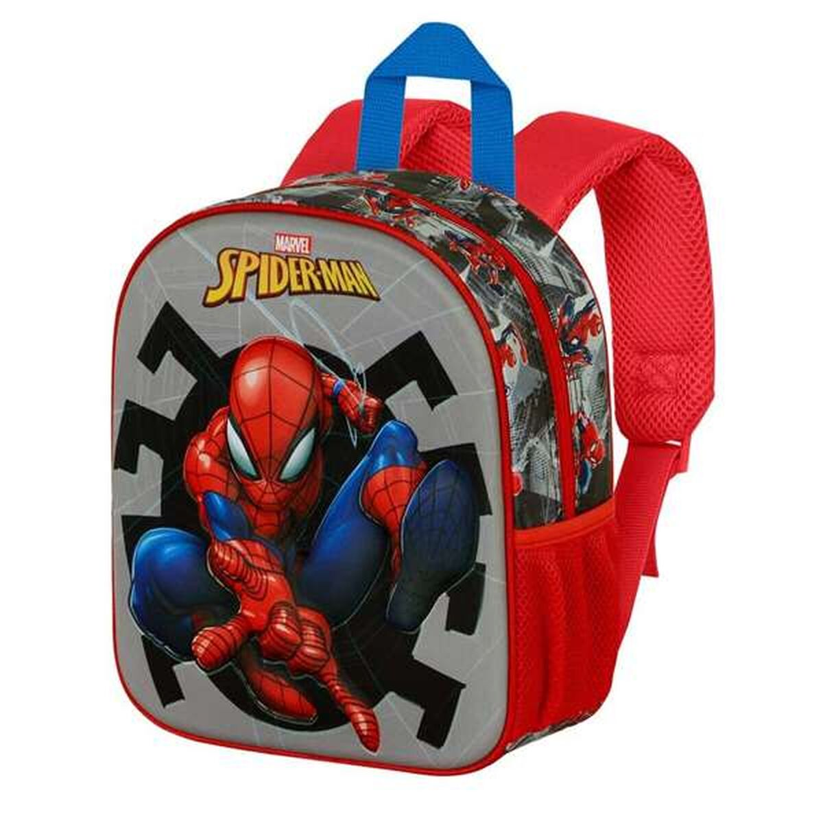 Ein Spider-Man-Rucksack. Er ist rot, grau und blau. Spider-Man ist auf der Vorderseite abgebildet. Der Griff ist blau. Die Träger sind rot.