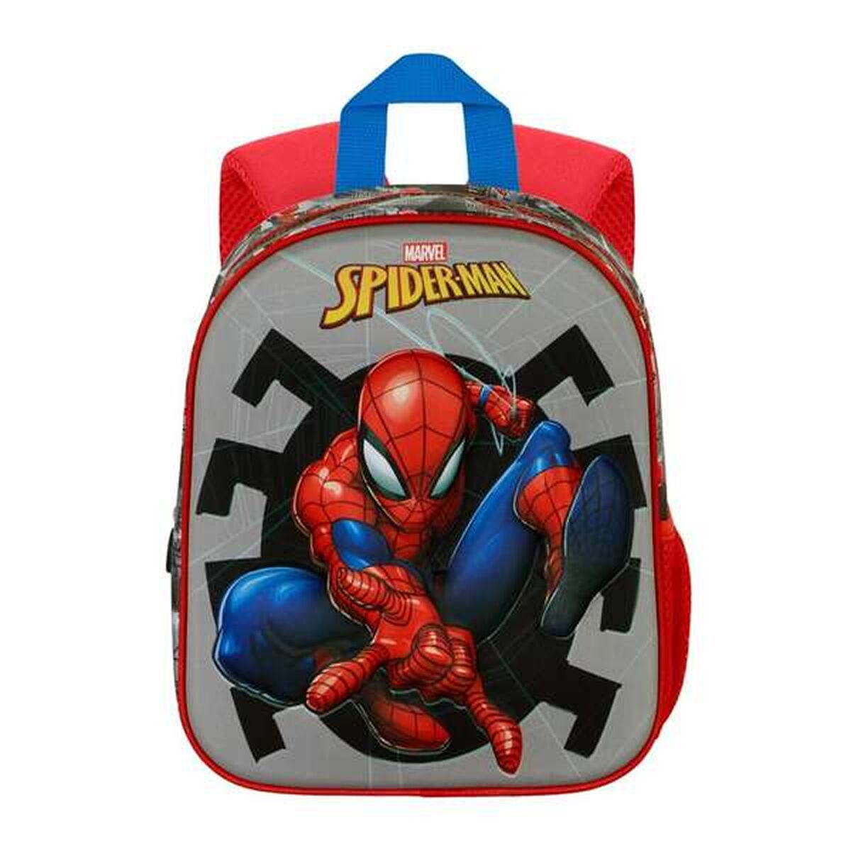 Ein Spider-Man-Rucksack. Er ist grau mit rotem Rand. Er hat ein Bild von Spider-Man darauf, mit dem Spider-Man-Logo.