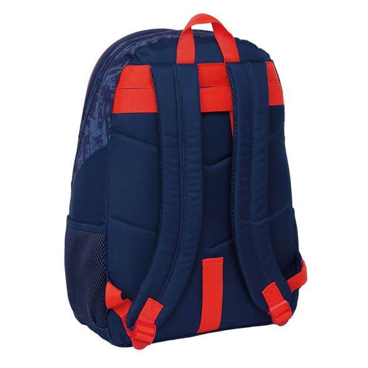 Ein marineblauer Rucksack mit roten Riemen und Akzenten wird von hinten gezeigt. Er hat einen gepolsterten Rücken und Schultergurte.