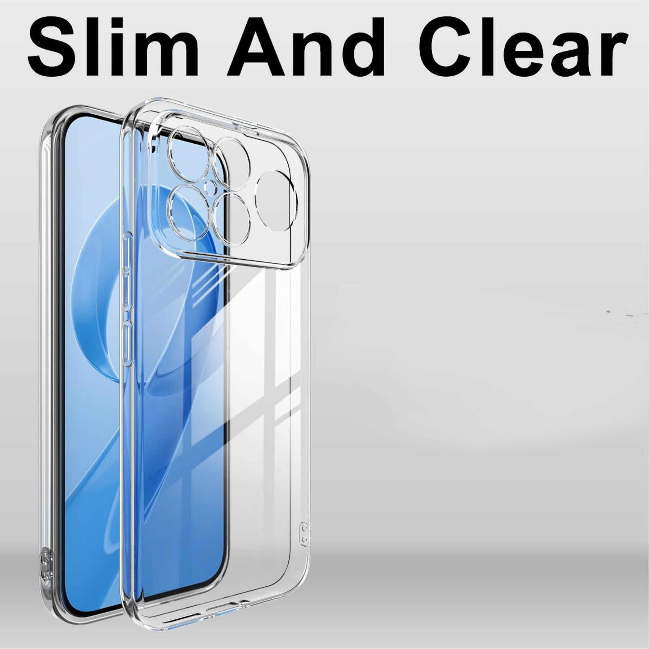 Eine transparente Handyhülle mit einem Telefon darin wird vor einem hellgrauen Hintergrund gezeigt, der Text Slim And Clear steht oben.