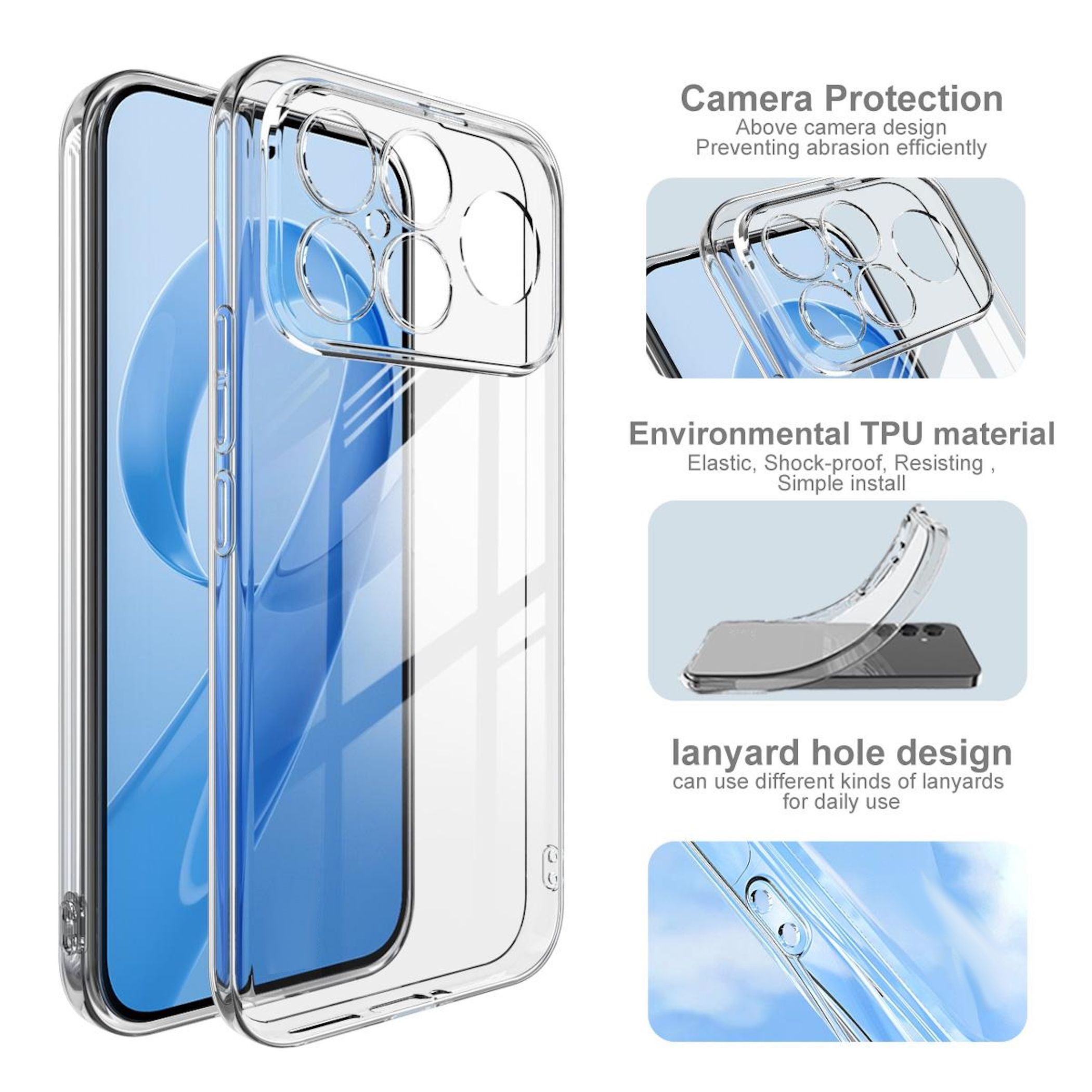 Transparente Handyhülle mit Textbeschreibungen. Zeigt Kameraschutz, TPU-Material und Lanyard-Lochdesign.