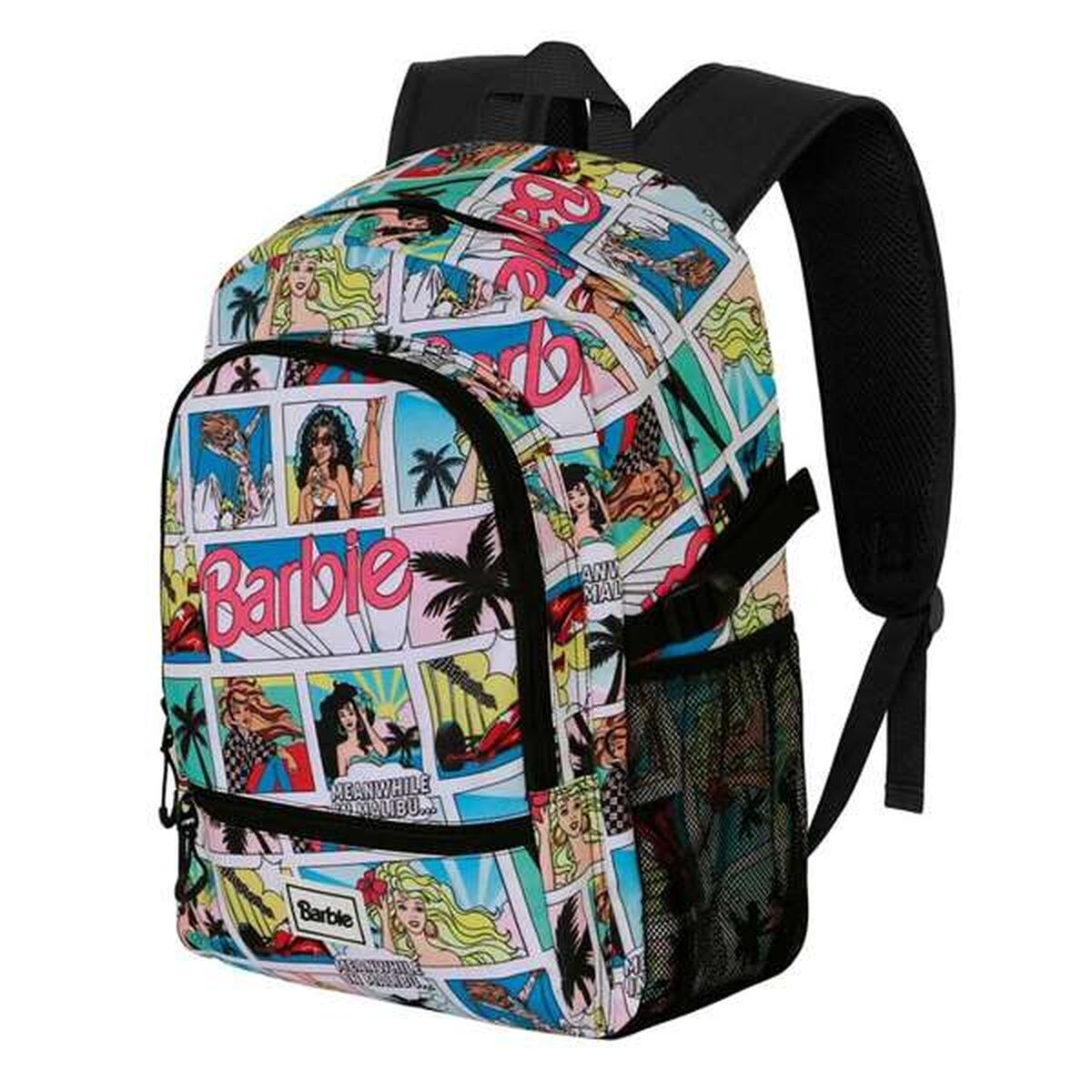 Ein Barbie-Rucksack mit Comic-Design. Er zeigt mehrere Panels mit Barbie-Illustrationen und dem Barbie-Logo.
