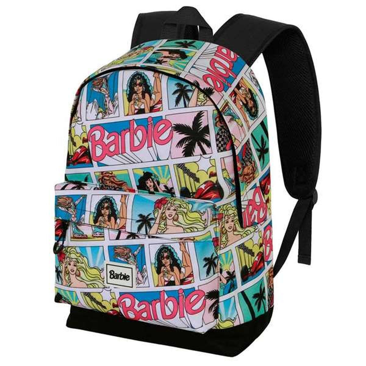 Ein Barbie-Rucksack mit Comic-Design. Er zeigt Barbie-Bilder, Palmen und das Barbie-Logo. Die Träger und der Boden sind schwarz.