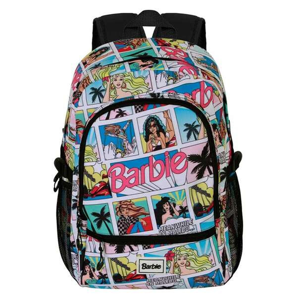 Ein Barbie-Rucksack mit Comic-Design. Enthält Barbie-Bilder, Palmen und die Wörter 'Barbie' und 'Meanwhile in Malibu'.