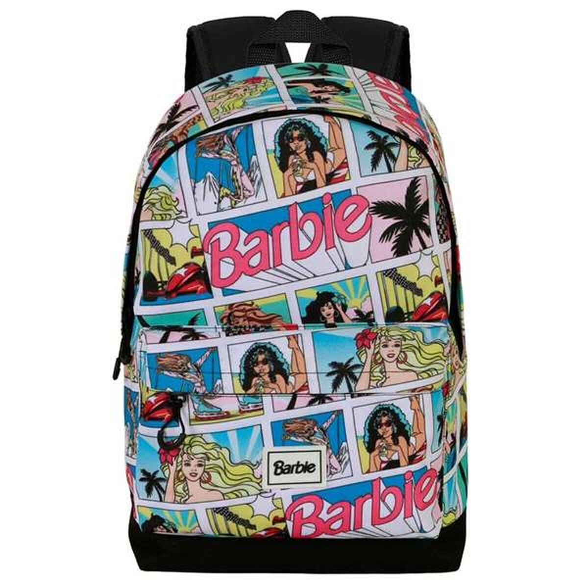 Barbie-Rucksack mit Comic-Panels. Enthält Barbie-Illustrationen, Palmen und das Barbie-Logo in Pink. Schwarze Akzente auf der Tasche.