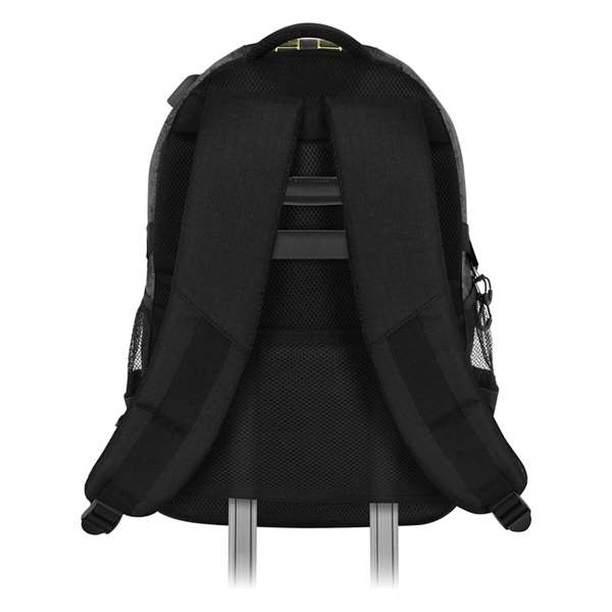 Schwarzer Rucksack mit zwei Schultergurten und einem Griff. Er hat eine Netztasche an der Seite und einen Rahmen unten.
