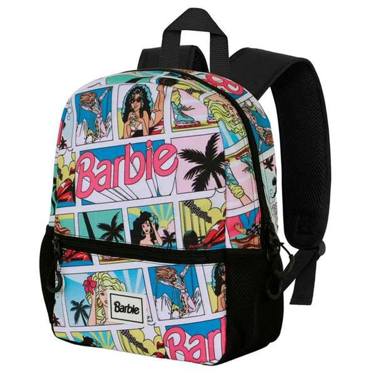 Ein Barbie-Rucksack mit Comic-Strip-Design. Mit Barbie, Palmen und dem Wort 'Barbie' in Pink. Schwarze Riemen und Netztaschen.