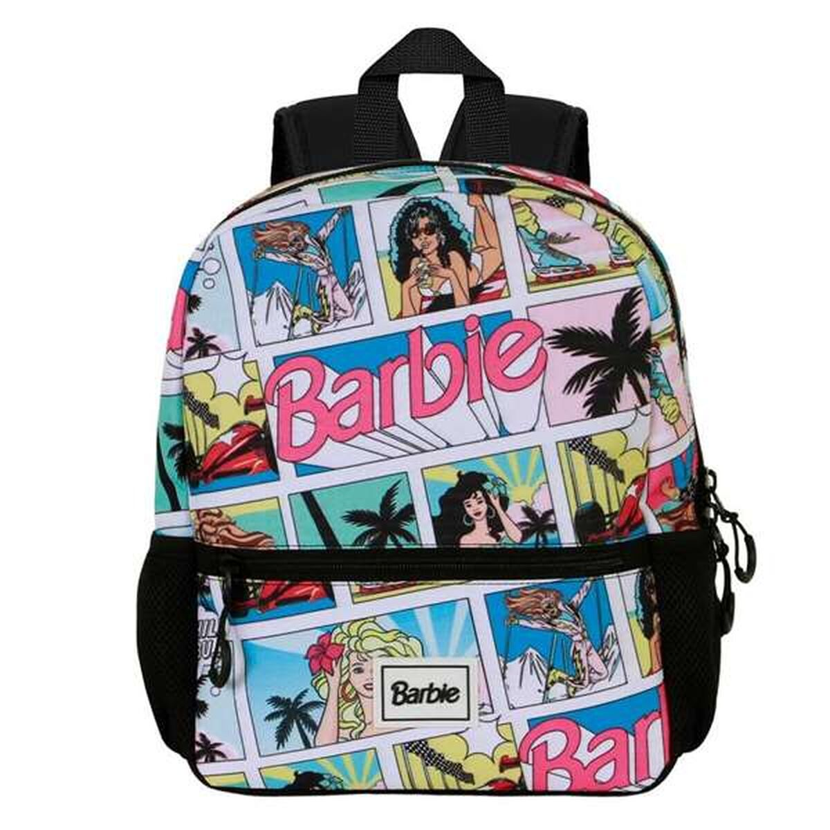 Barbie-Rucksack mit Comic-Strip-Design. Enthält Barbie-Logo, Palmen und Illustrationen von Barbie-Charakteren in verschiedenen Szenen.