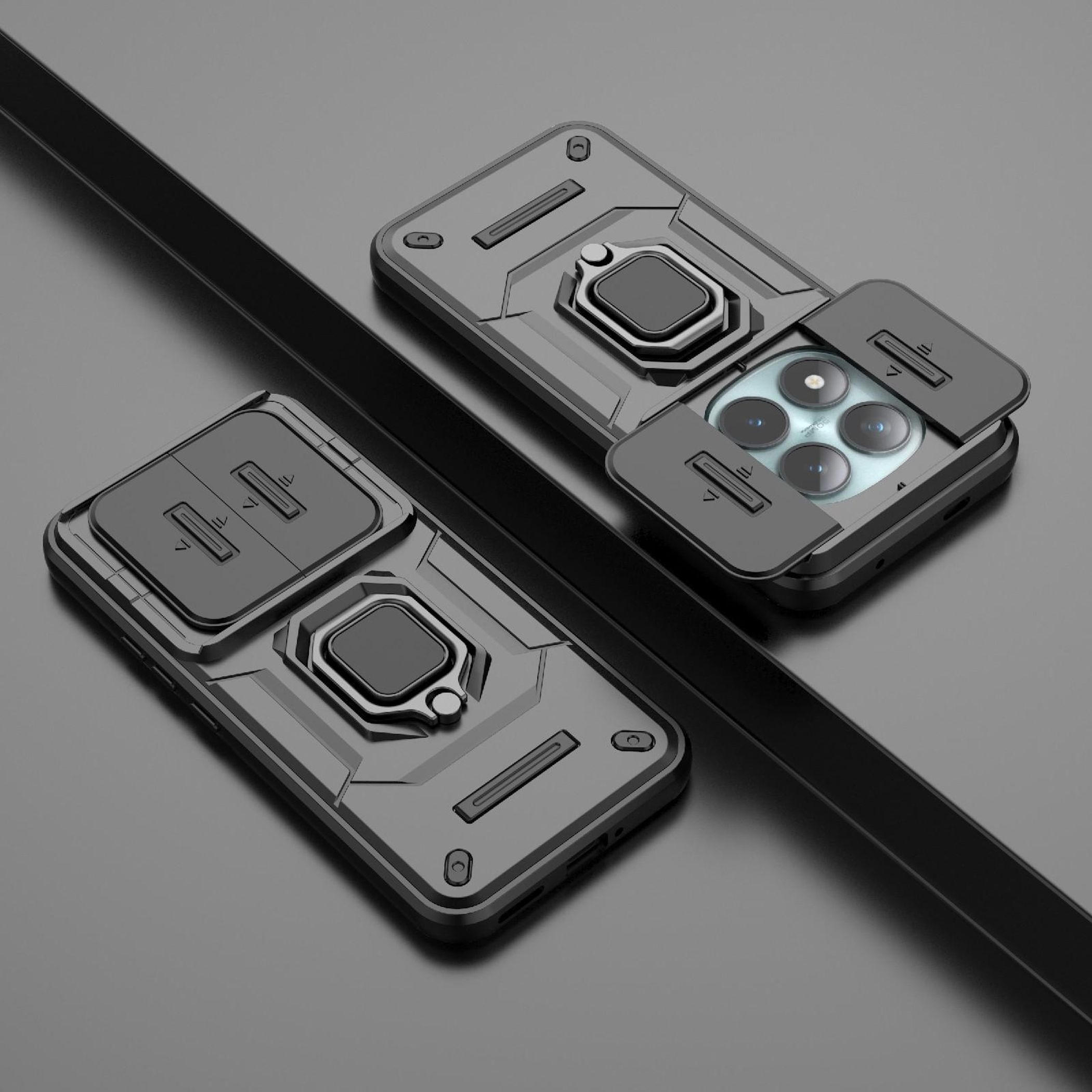 Dos fundas negras para teléfono con tapas de cámara sobre una superficie reflectante. Una funda abierta, mostrando cámaras.