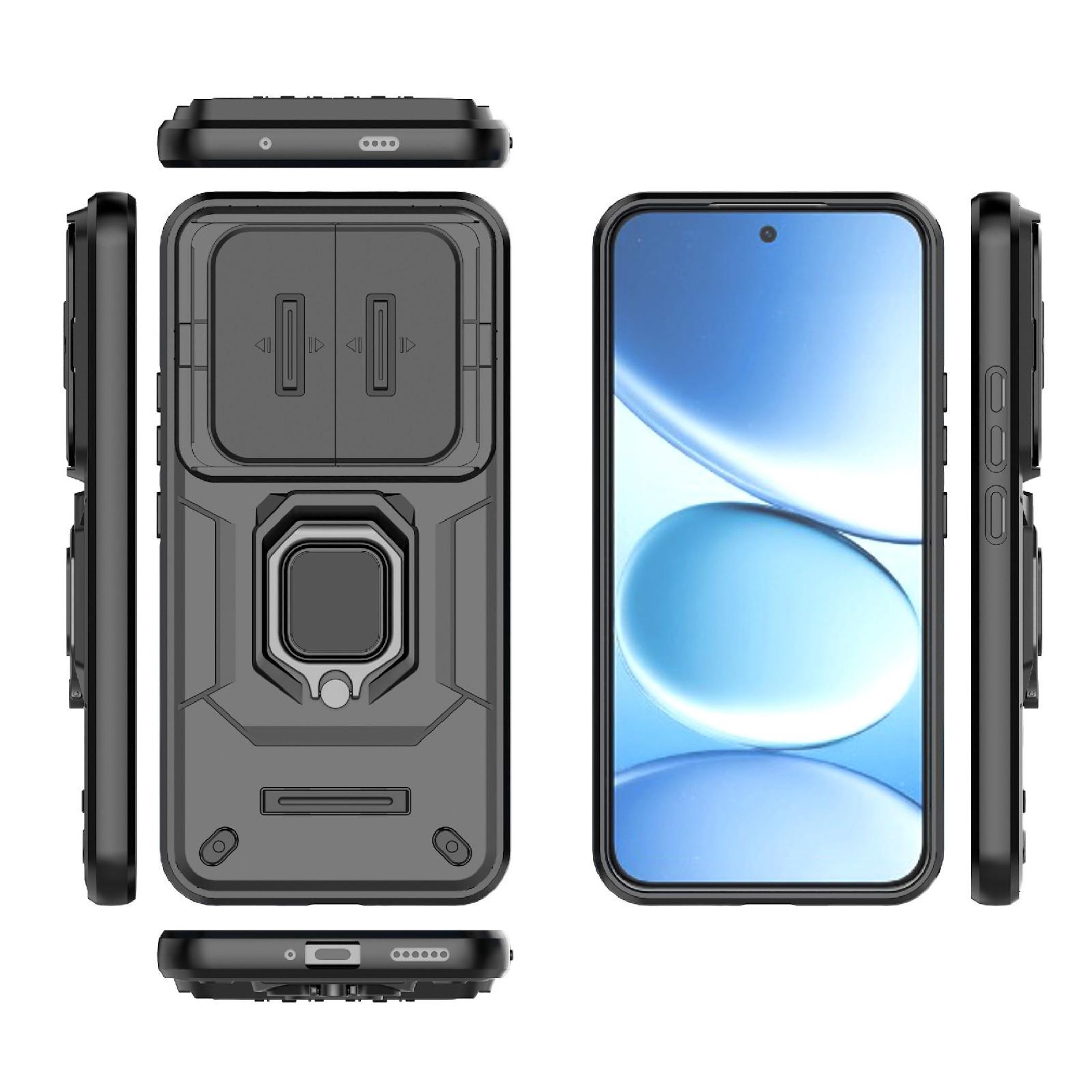 Una funda de teléfono con un teléfono. La funda es negra y gris, el teléfono tiene pantalla azul y blanca.