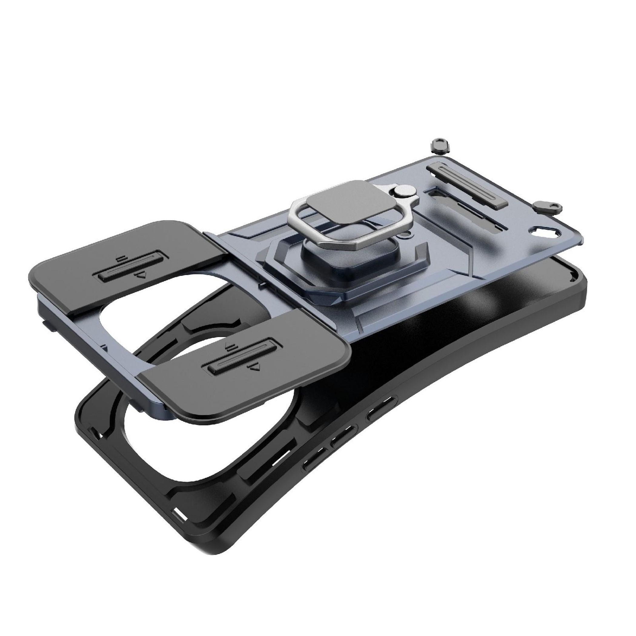 Funda de teléfono con soporte de anillo, capas negras, grises y azules, desmontada, fondo blanco.