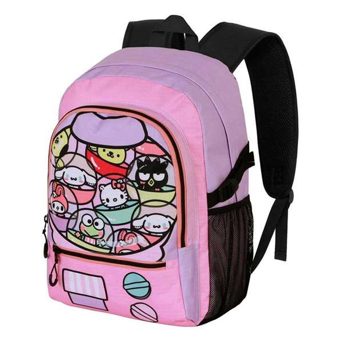 Pinkfarbener und lila Rucksack mit Hello Kitty und Freunden. Er hat schwarze Träger und eine seitliche Netztasche. Die Vorderseite hat ein Cartoon-Design.