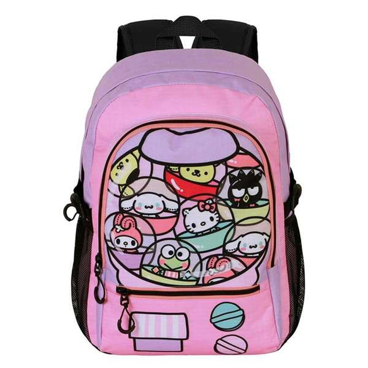 Rosa Rucksack mit Hello Kitty und anderen Zeichentrickfiguren. Er hat zwei Träger und einen Reißverschluss.
