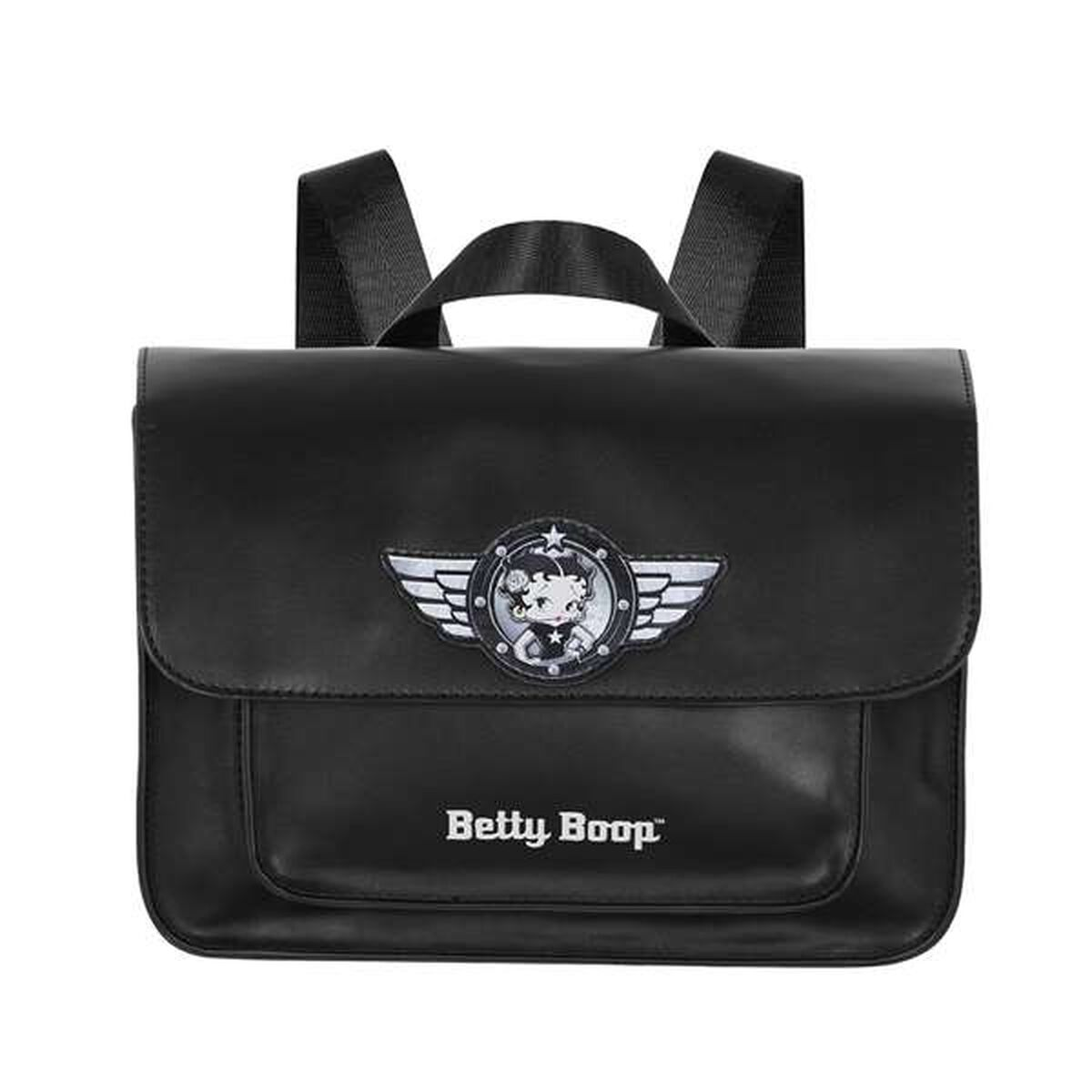 Schwarzer Rucksack mit Betty Boop-Emblem. Er hat einen Klappverschluss, eine Vordertasche und verstellbare Träger.