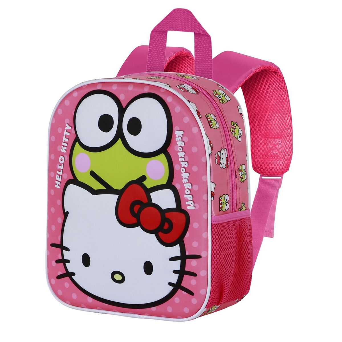 Pinker Hello Kitty Rucksack. Mit Hello Kitty und Keroppi. Hat rosa Träger und eine seitliche Netztasche.