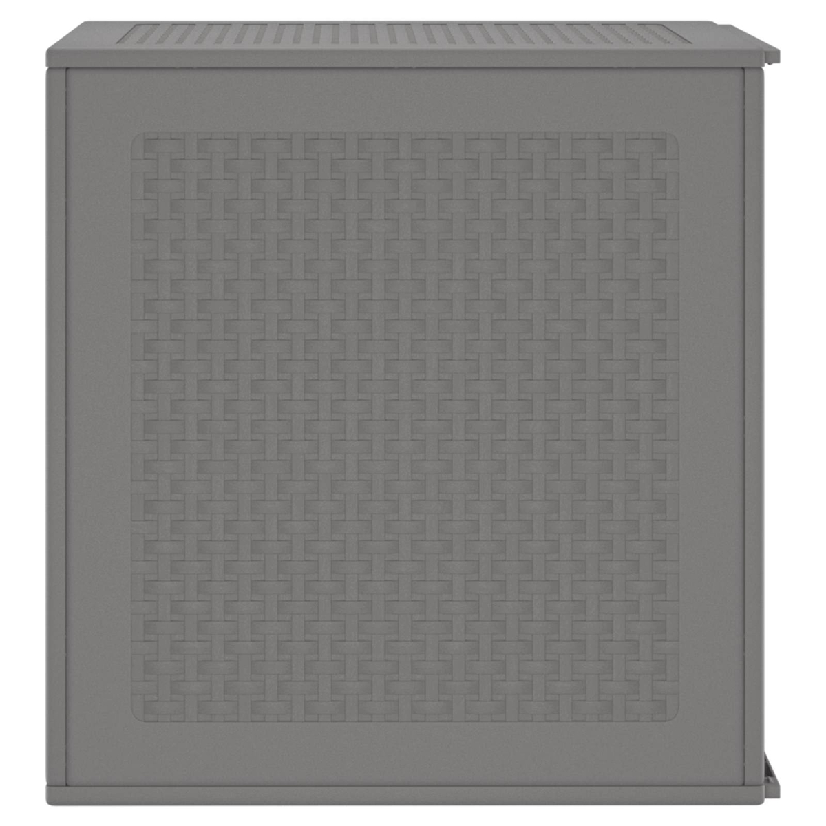 Graue Aufbewahrungsbox mit Webmuster auf der Vorderseite. Die Oberseite hat Belüftungsöffnungen. Die Box ist rechteckig.