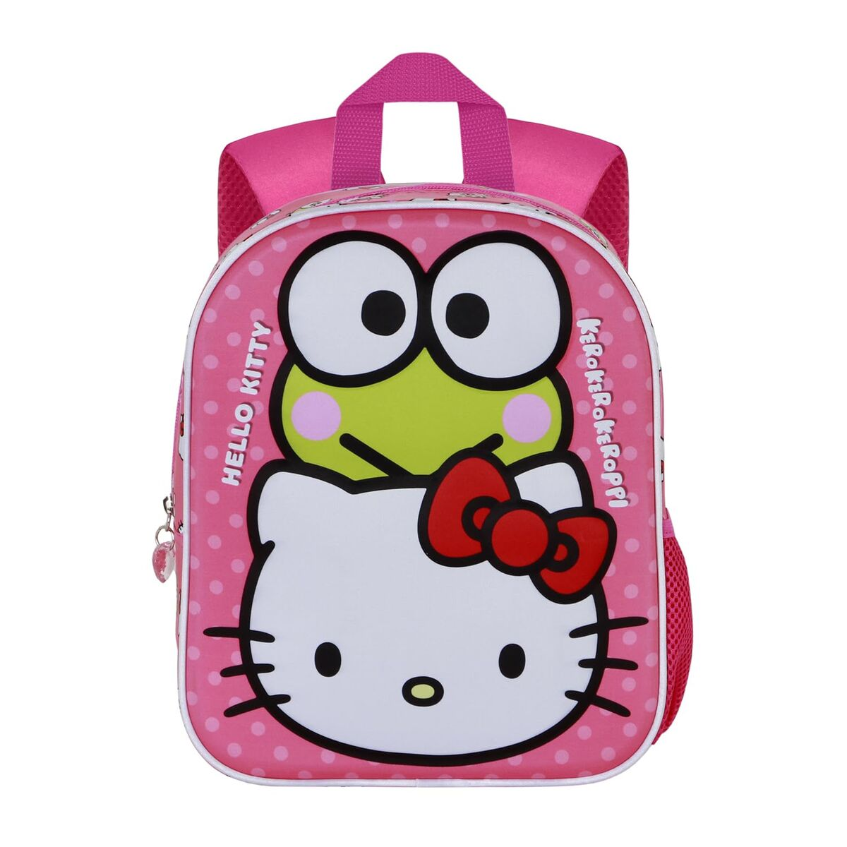 Ein pinkfarbener Rucksack mit Hello Kitty und Keroppi. Er hat eine rote Schleife, einen grünen Frosch und einen Reißverschluss. Der Hintergrund ist pink mit weißen Punkten.