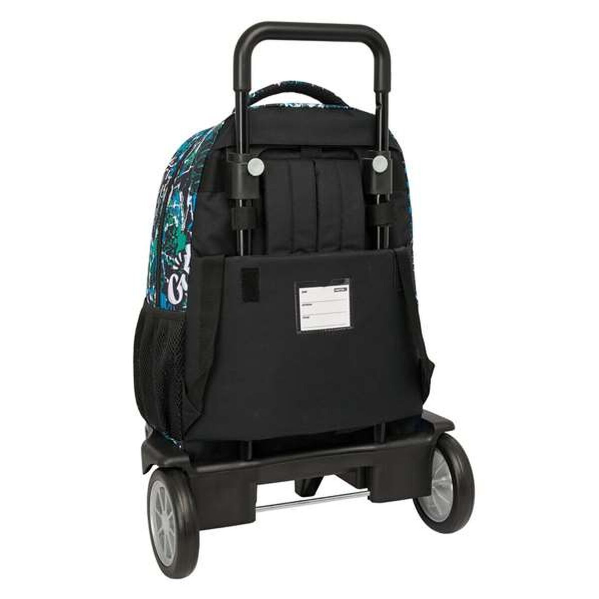 Ein rollender Rucksack mit schwarzem Rahmen und Rädern. Die Tasche hat ein blaues und grünes Muster und einen schwarzen Rücken. Der Griff ist hochgeklappt.