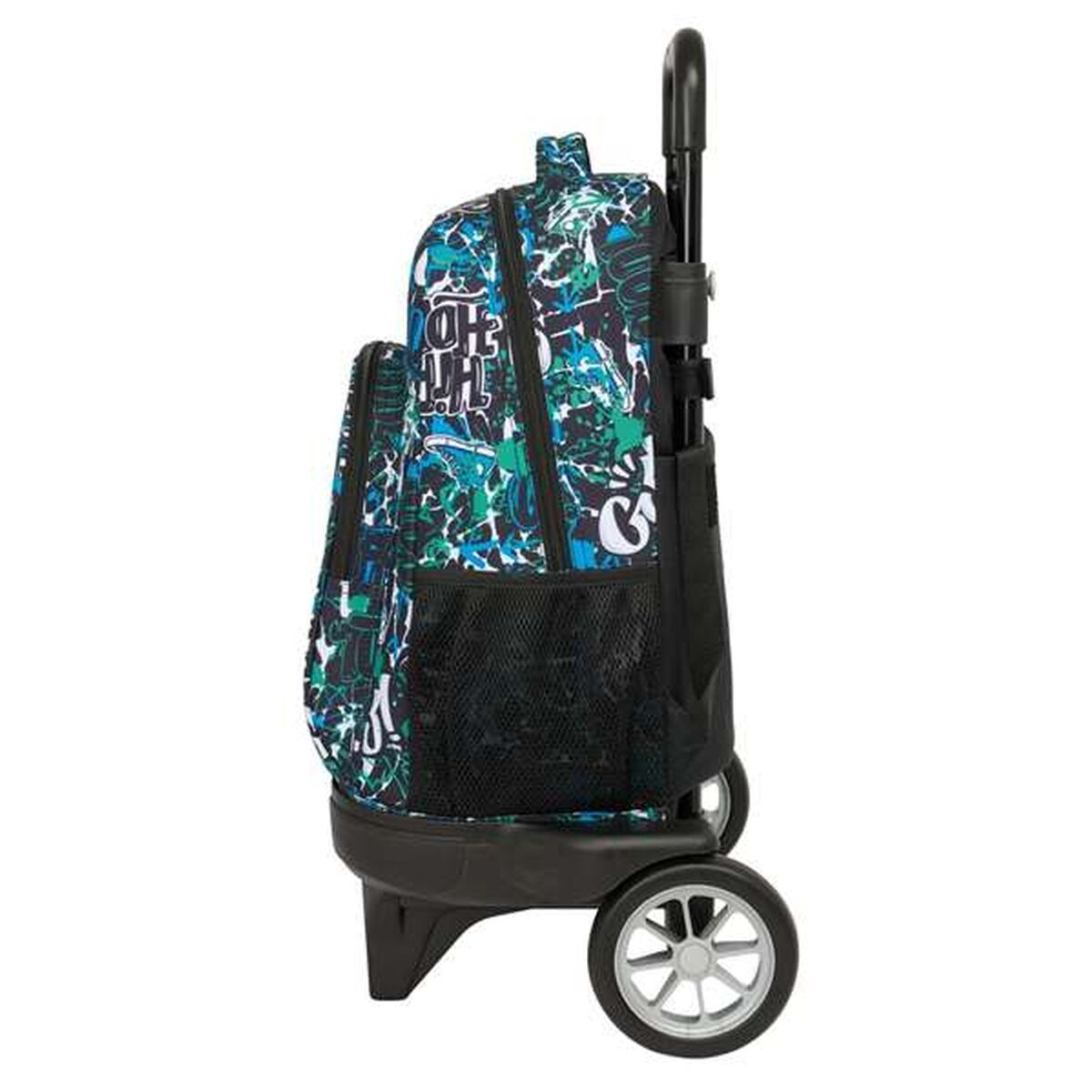 Ein rollender Rucksack mit blauem, grünem und schwarzem Muster. Er hat einen schwarzen Rahmen, Griff und Räder.