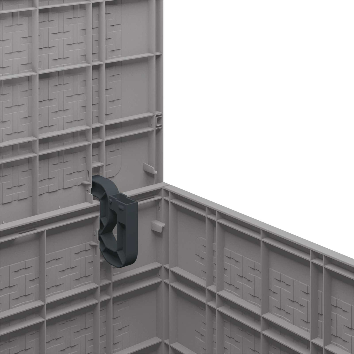 Graues Kunststoff-Modulwandsystem mit dunklem grauen Griff. Die Wand besteht aus rechteckigen Paneelen mit strukturierten Mustern.