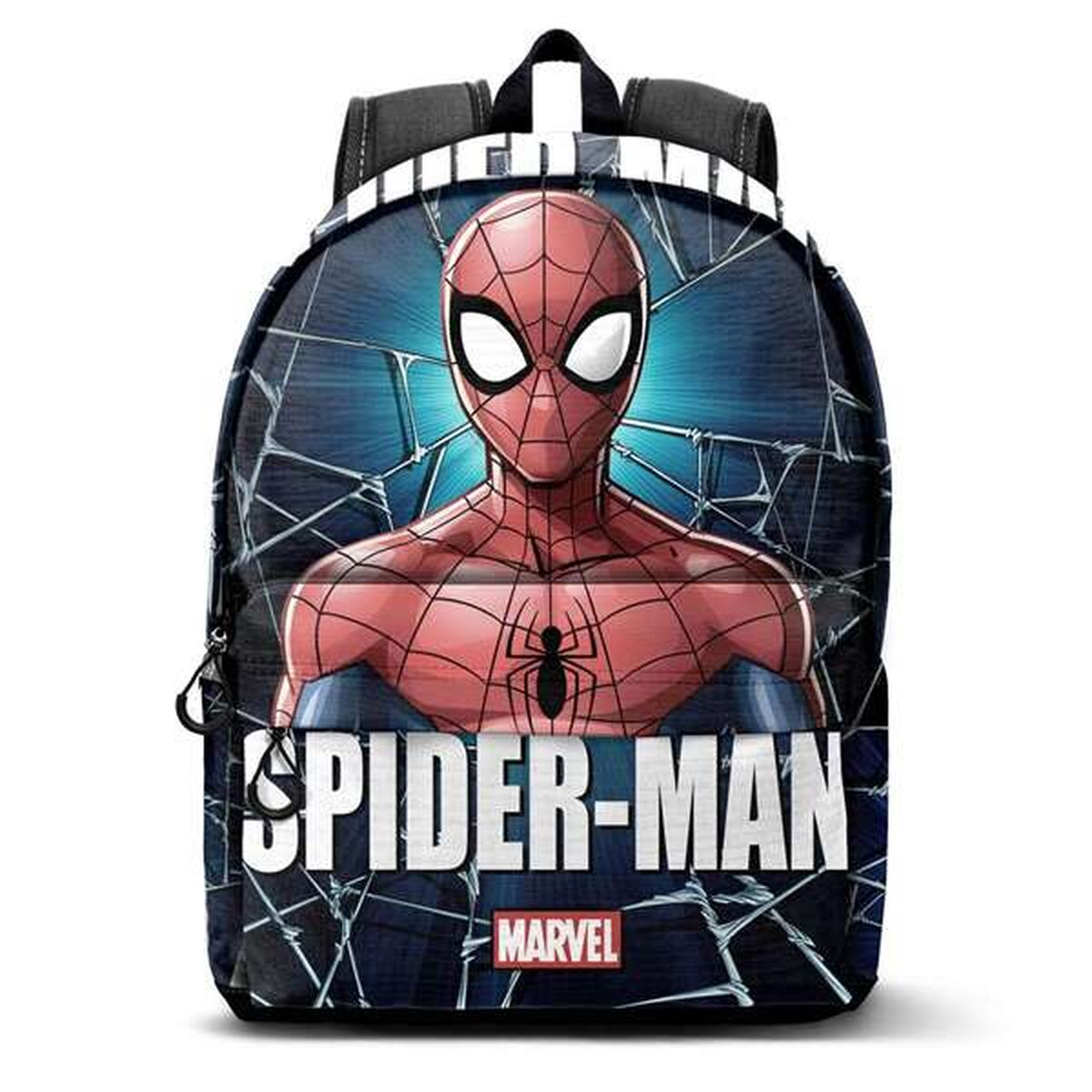 Ein Spider-Man-Rucksack zeigt den Superhelden. Das Design umfasst sein Gesicht, das Spider-Man-Logo und das Marvel-Logo.