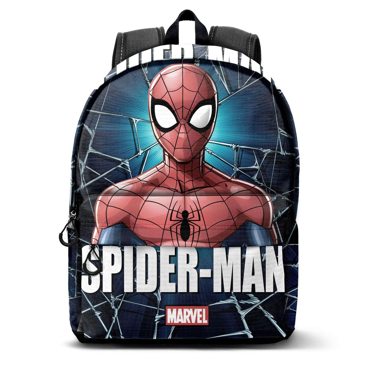 Spider-Man-Rucksack. Rot und blau mit Spider-Mans Gesicht, schwarzem Spinnen-Symbol und Spider-Man-Text. Marvel-Logo ist ebenfalls vorhanden.