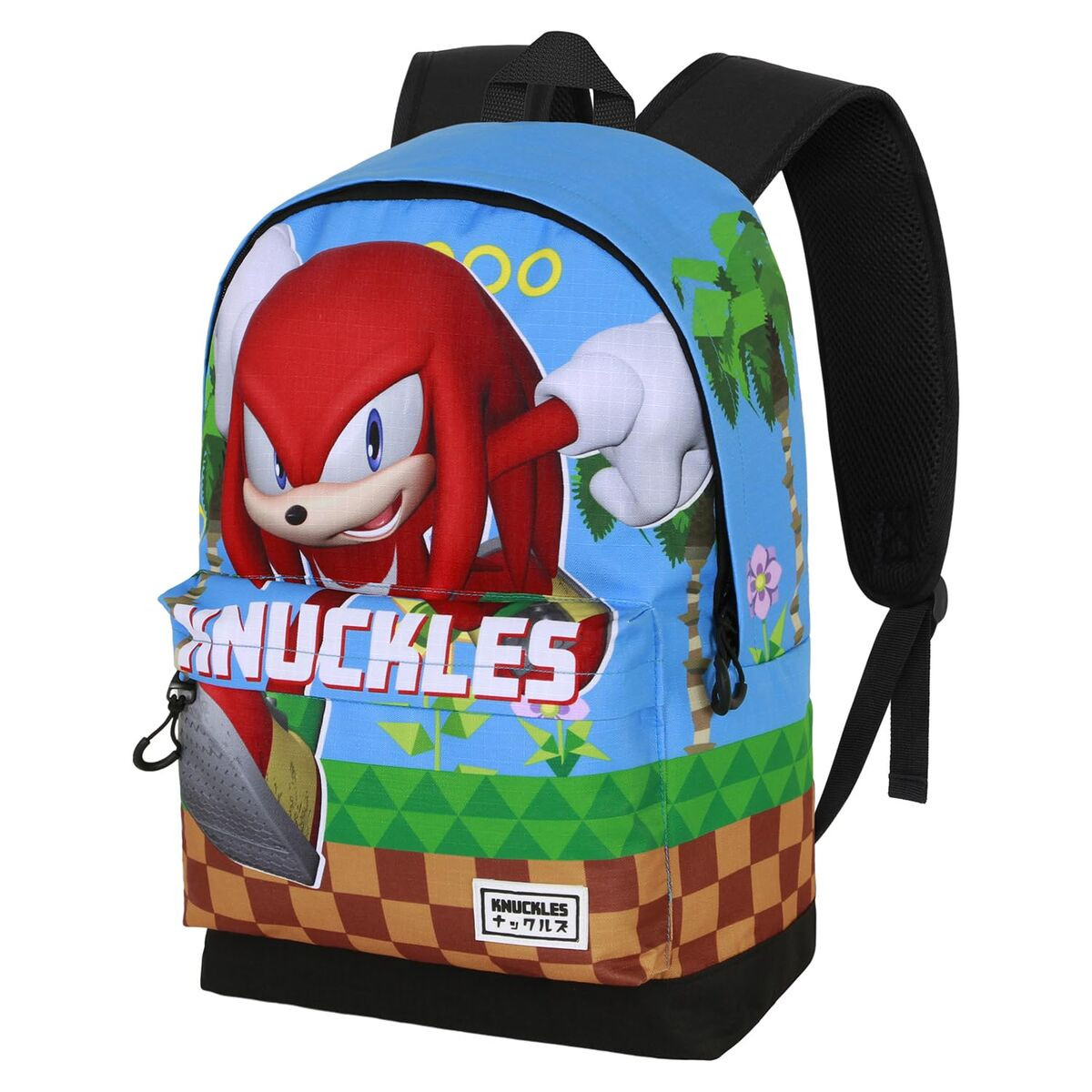 Blauer Rucksack mit Knuckles. Palmen, Blumen und Schachmuster am Boden. Schwarze Träger und Reißverschluss.
