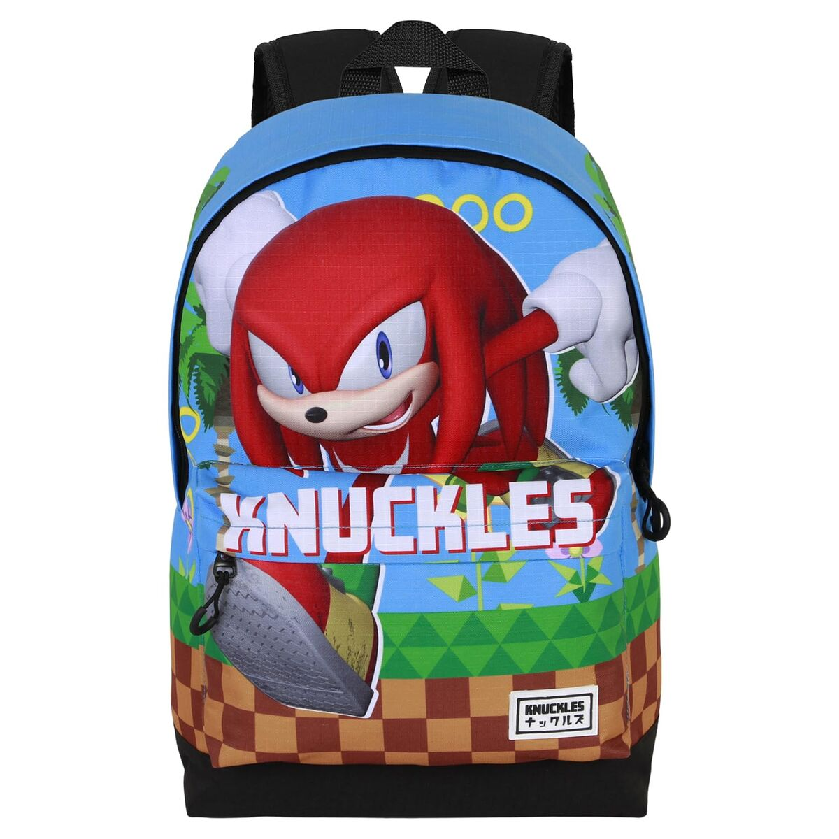 Blauer Rucksack mit Knuckles dem Echidna. Roter Charakter mit weißen Handschuhen. Das Wort 'Knuckles' steht vorne.