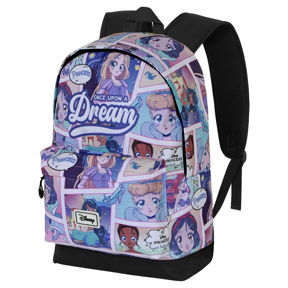Ein Disney Princess Rucksack. Er hat ein Comic-Design mit verschiedenen Disney-Prinzessinnen. Der Rucksack ist blau, lila und schwarz.