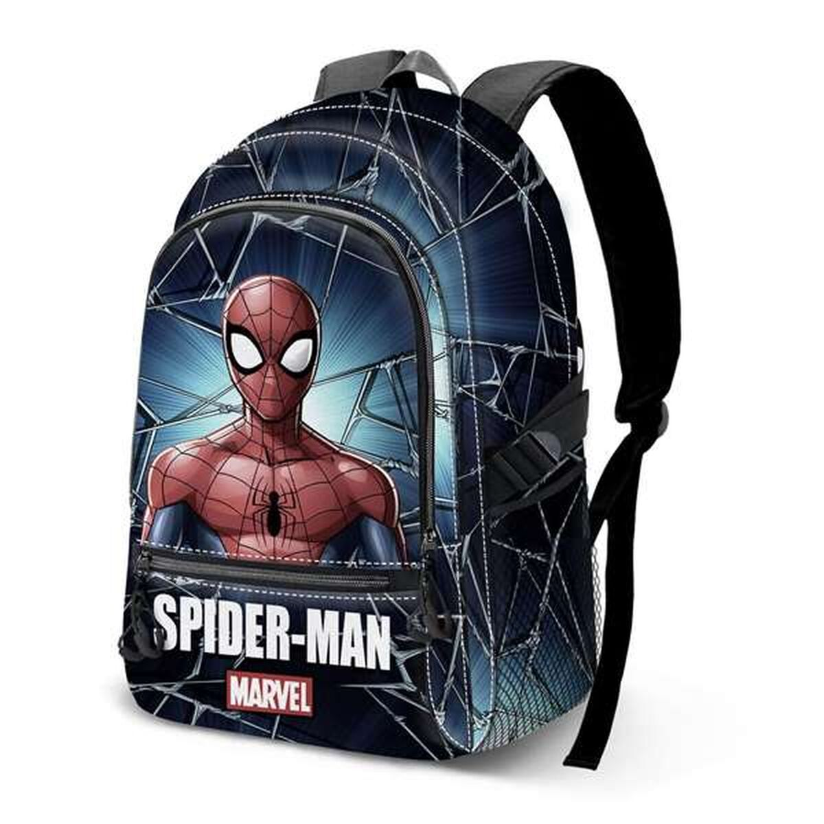 Ein Spider-Man-Rucksack. Er hat ein Bild von Spider-Man auf der Vorderseite. Er ist rot und blau mit einem schwarzen Spinnen-Symbol auf der Brust.