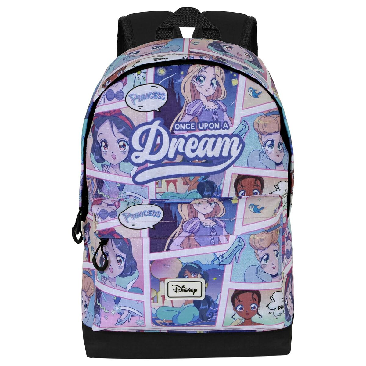 Ein bunter Rucksack mit Disney-Prinzessinnen im Comic-Stil. 'Once Upon a Dream' steht darauf.