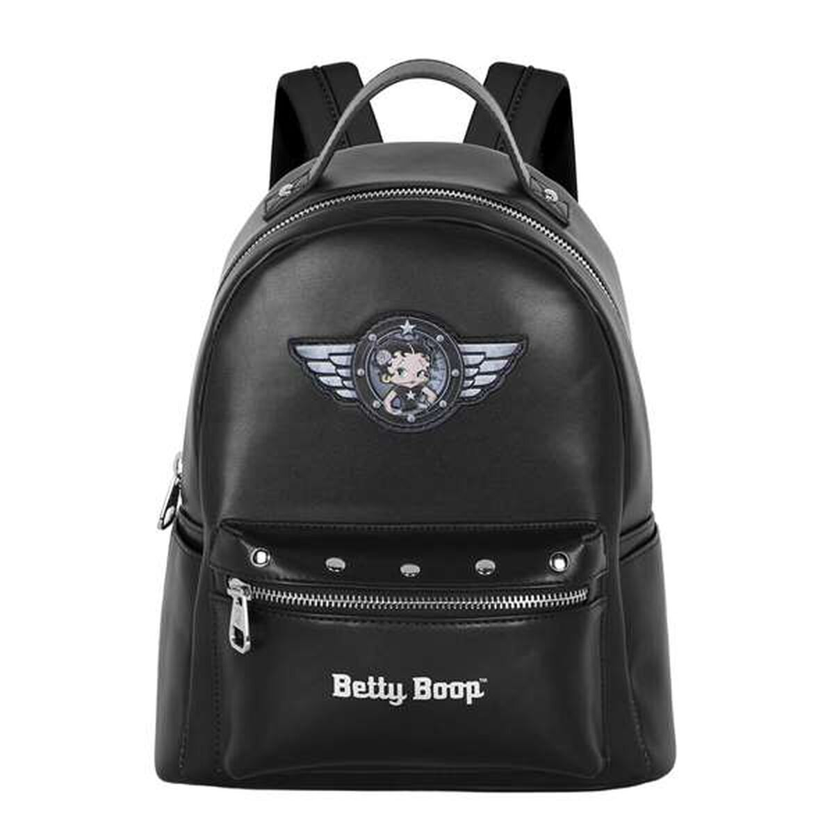 Schwarzer Betty Boop Rucksack mit Vordertasche und Reißverschluss. Er hat ein Betty Boop Logo und Flügel-Emblem.