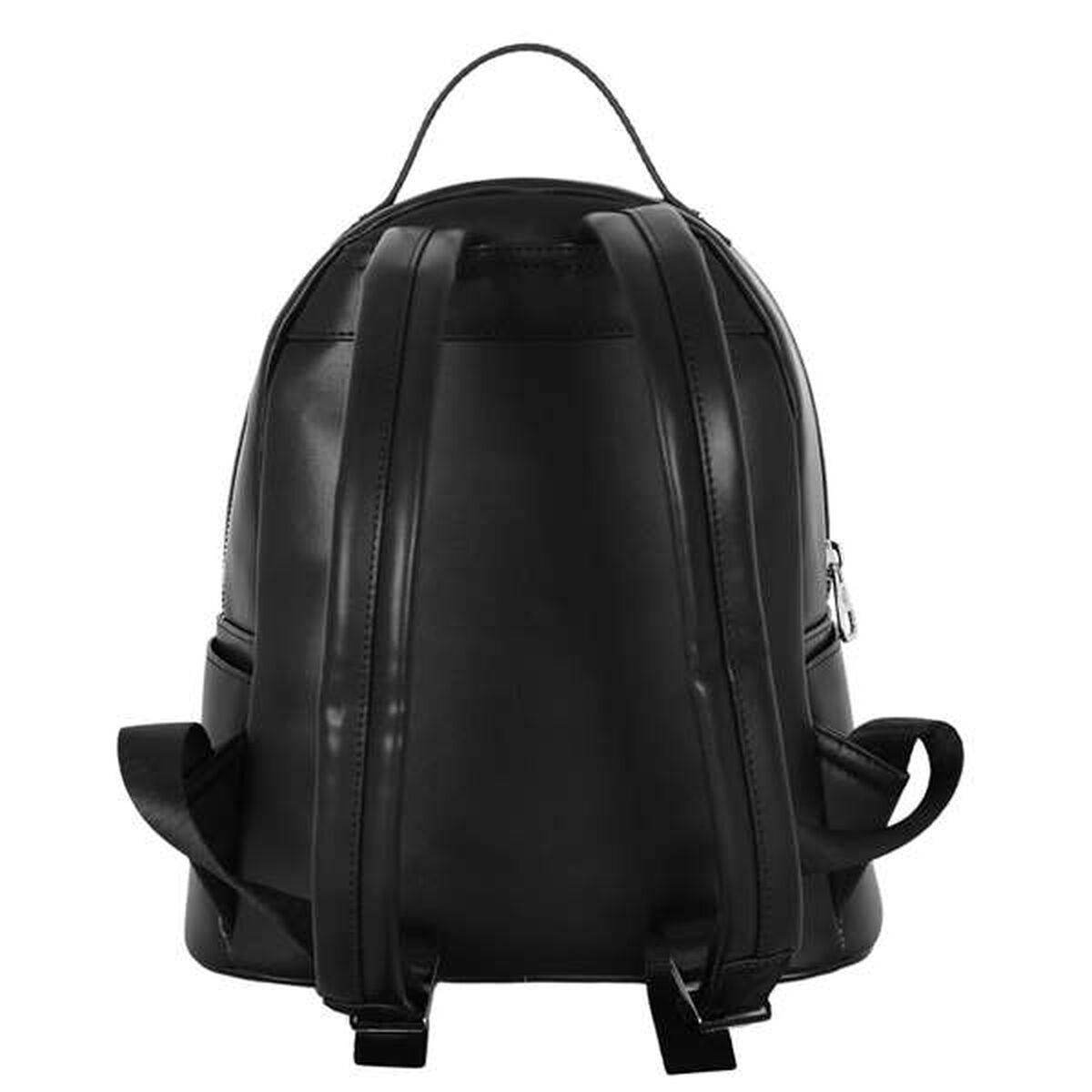 Ein schwarzer Rucksack mit zwei Schultergurten, einem oberen Griff und einer kleinen Tasche. Der Rucksack steht vor weißem Hintergrund.