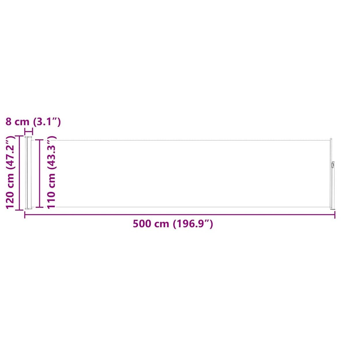 Diagramma che mostra le dimensioni: alto 120 cm, spesso 8 cm e lungo 500 cm. Include una sezione di 110 cm. Misure anche in pollici.