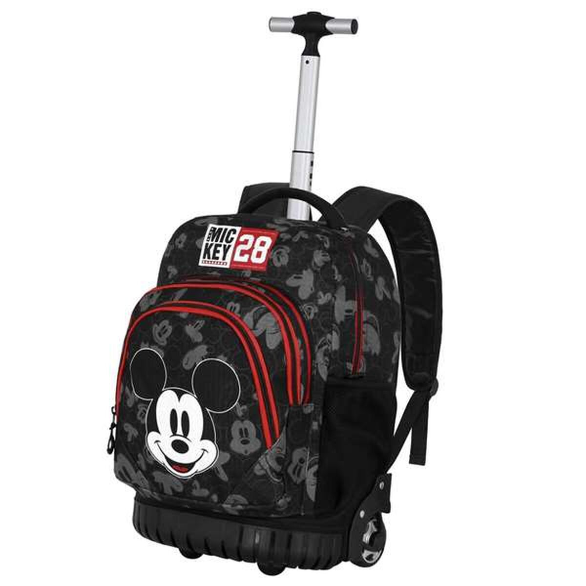 Ein schwarzer Mickey-Mouse-Rollrucksack mit roten Akzenten. Er verfügt über einen Ausziehgriff, Räder und ein Mickey-Mouse-Gesicht auf der Vorderseite.