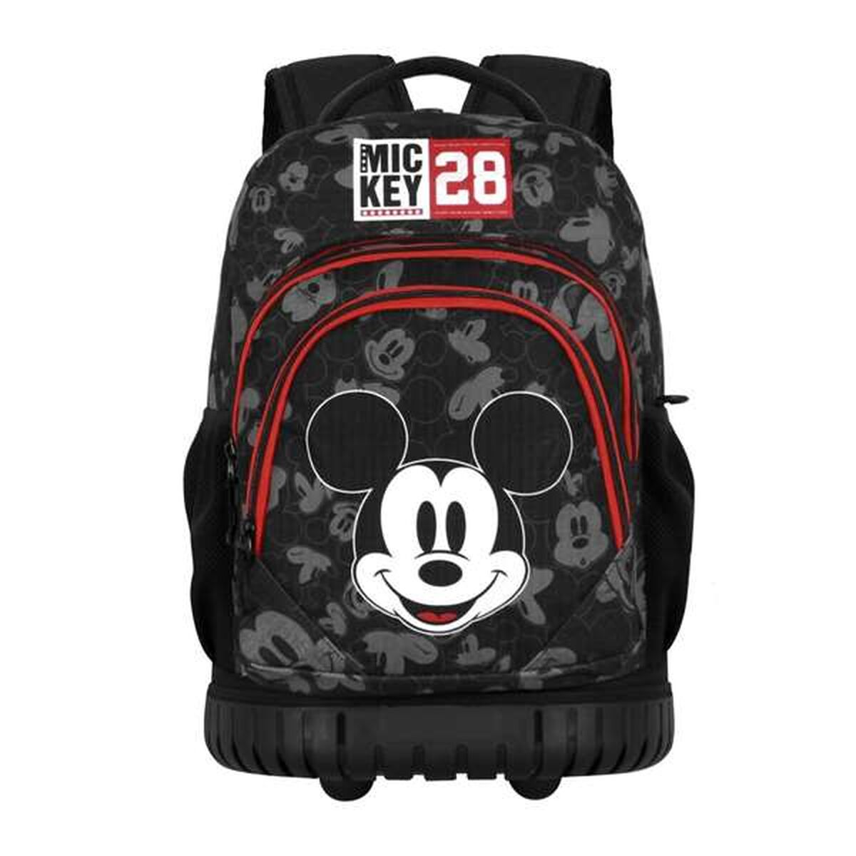 Schwarzer Mickey Mouse Rucksack mit roten Akzenten und Rollen. Mickey's Gesicht ist vorne. "MIC KEY 28" steht oben.