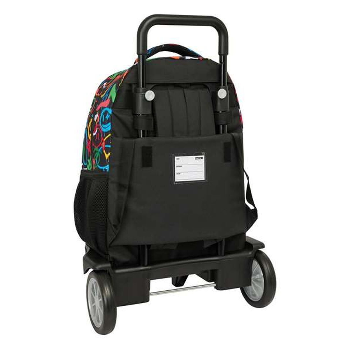 Ein rollender Rucksack. Schwarzer Rahmen, schwarz und bunt gemusterter Rucksack, schwarzer Griff, zwei graue Räder.