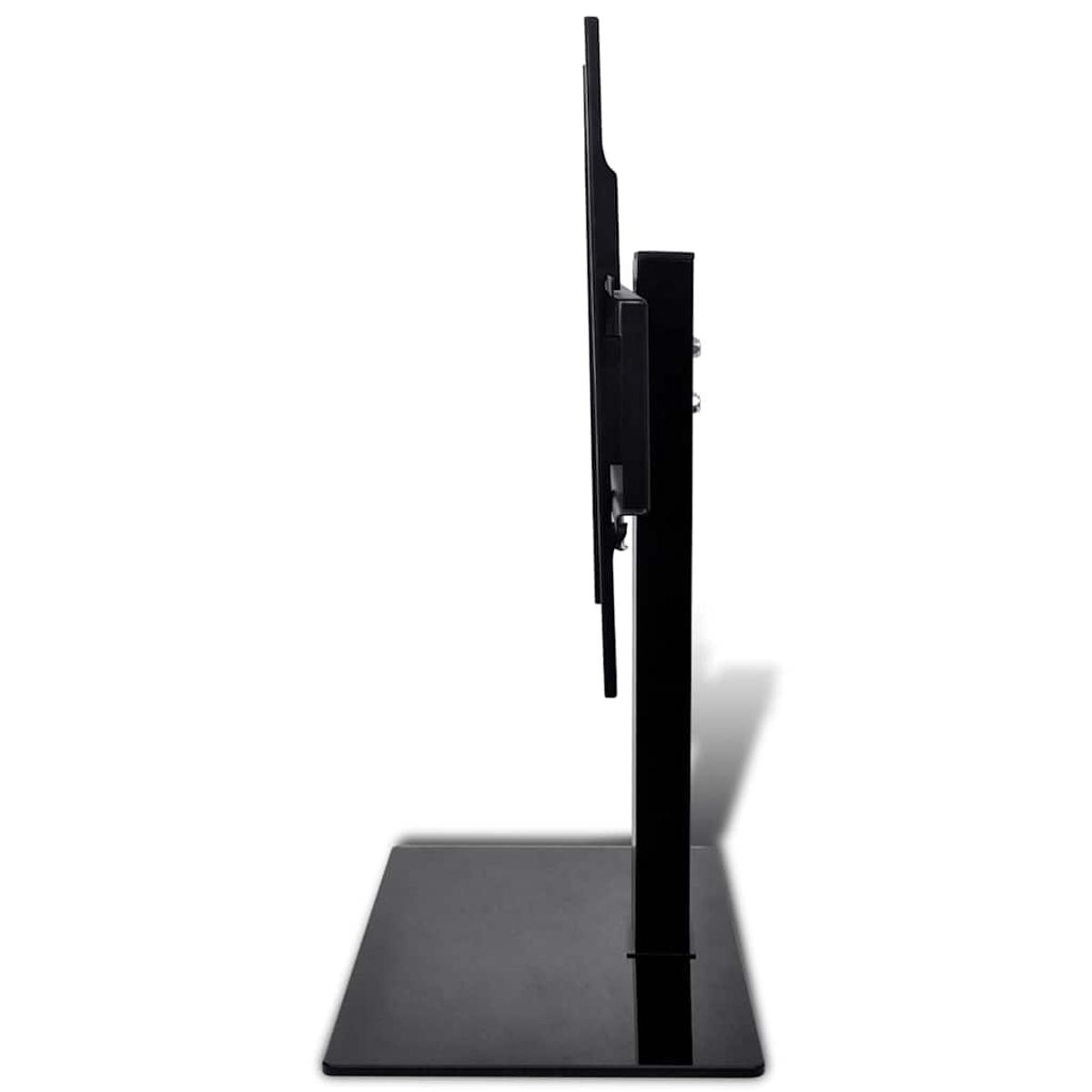 Seitenansicht eines schwarzen TV-Ständers. Er hat eine rechteckige Basis, eine vertikale Stange und eine Halterung für einen Fernseher. Der Hintergrund ist weiß.