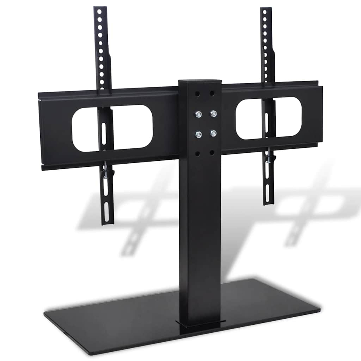 Ein schwarzer TV-Ständer mit rechteckiger Basis, hoher Mittelsäule und horizontalen Armen mit Halterungen.