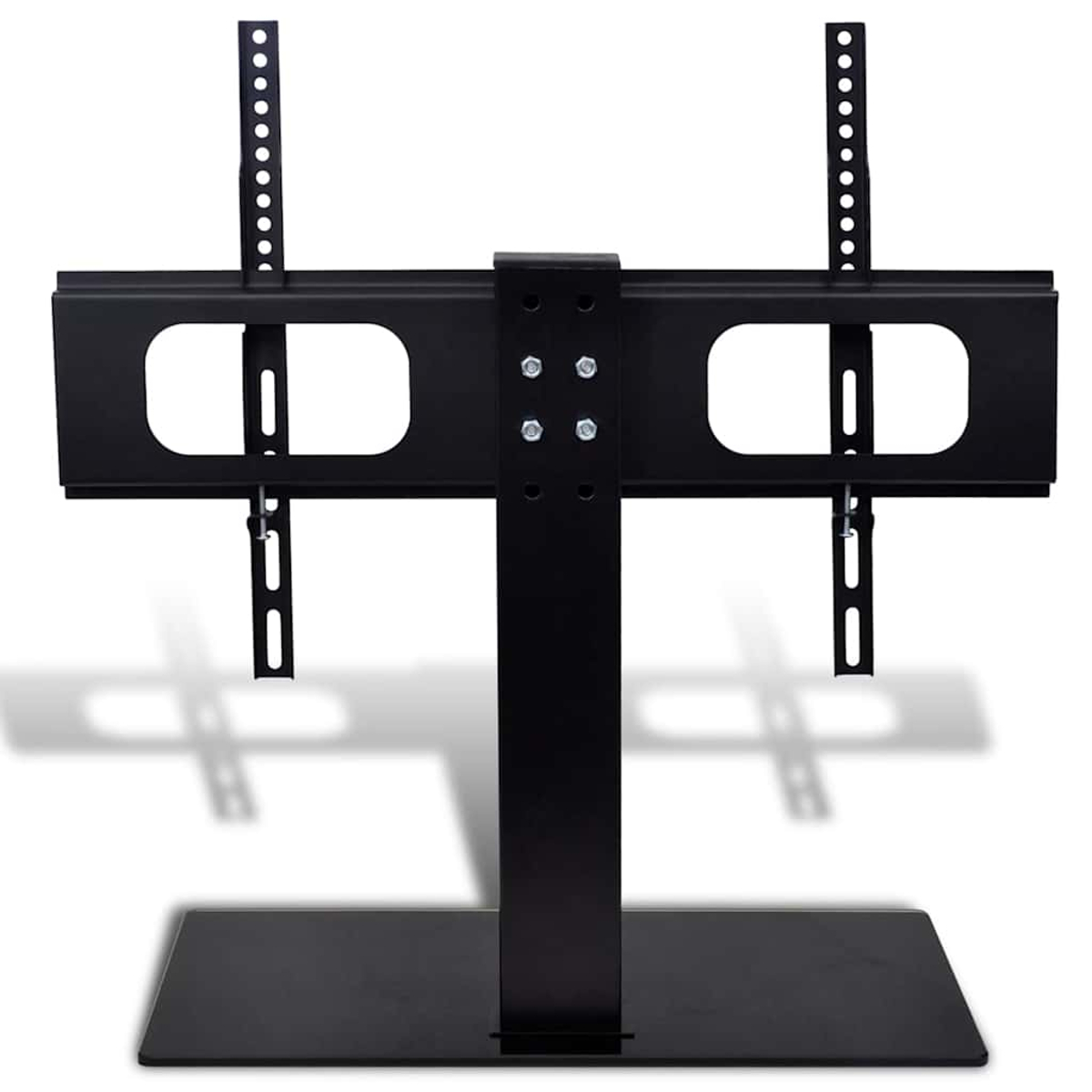 Ein schwarzer TV-Ständer. Er hat eine Basis, eine zentrale Stütze und Halterungen für den Fernseher. Der Ständer steht auf weißem Hintergrund.