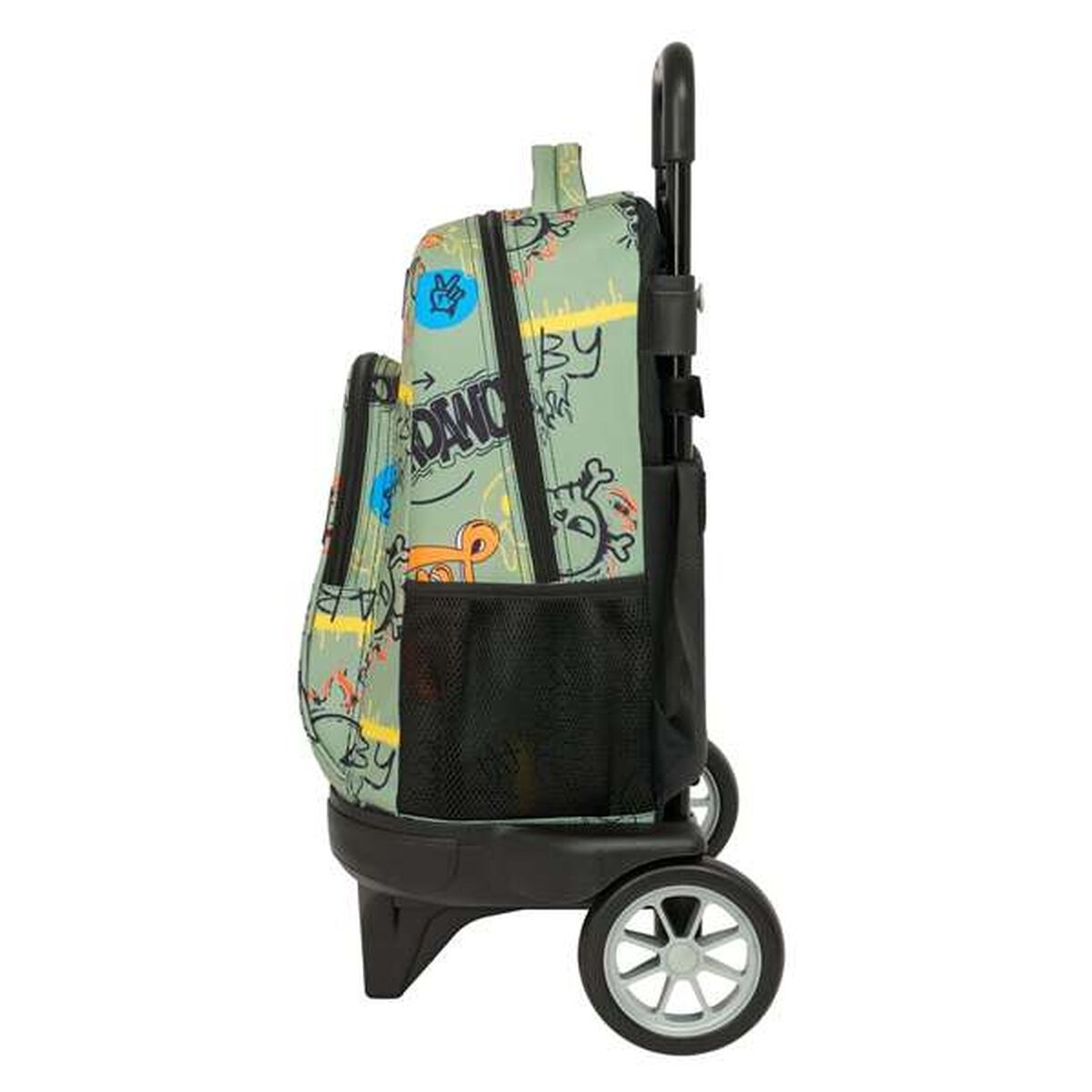 Ein grüner Rollrucksack mit Cartoon-Grafiken. Er hat eine schwarze Netztasche und einen ausziehbaren Griff. Zwei Räder befinden sich am Boden.