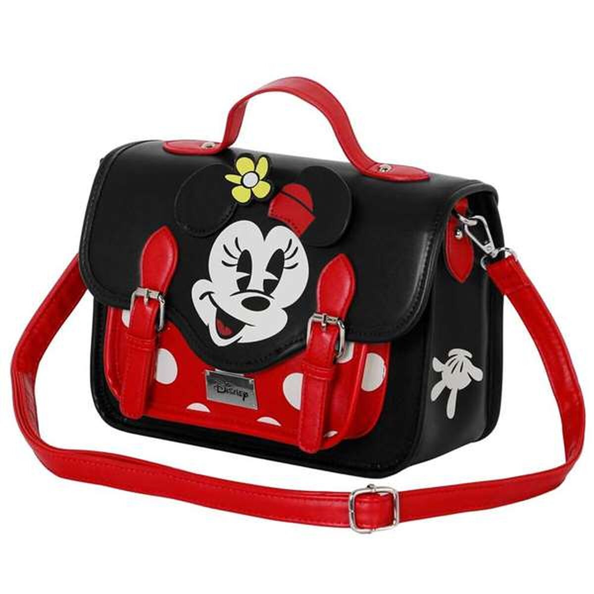 Schwarze Umhängetasche mit Minnie Mouse-Design. Sie hat rote Riemen, Schnallen und eine gepunktete Vorderseite. Eine gelbe Blume verziert die Oberseite.