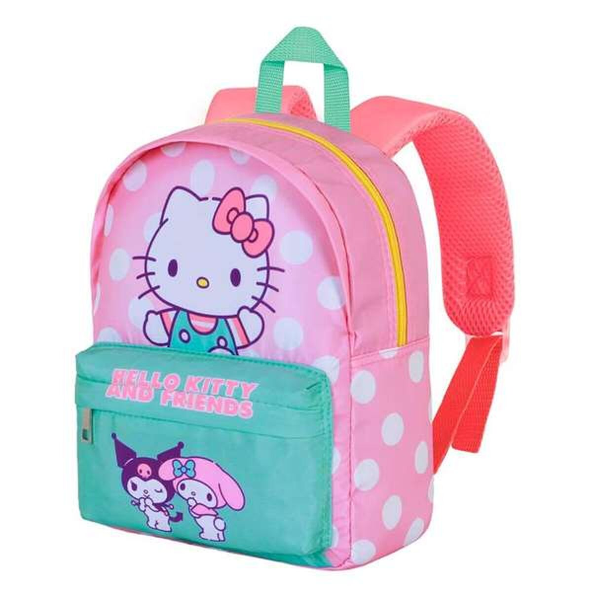 Ein pinkfarbener Hello-Kitty-Rucksack mit weißen Tupfen. Er zeigt Hello Kitty und Freunde, mit einer grünen Tasche. Pinke Träger.