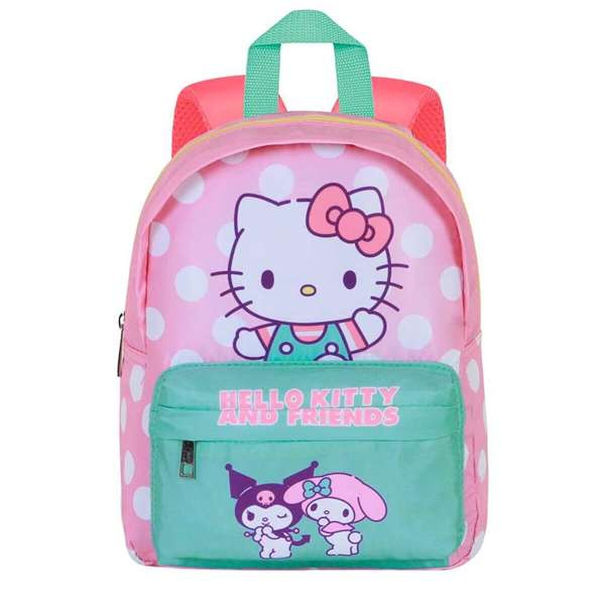 Ein Hello Kitty-Rucksack. Rosa mit weißen Punkten und einer grünen Tasche, mit Hello Kitty und Freunden. Der Griff ist grün.