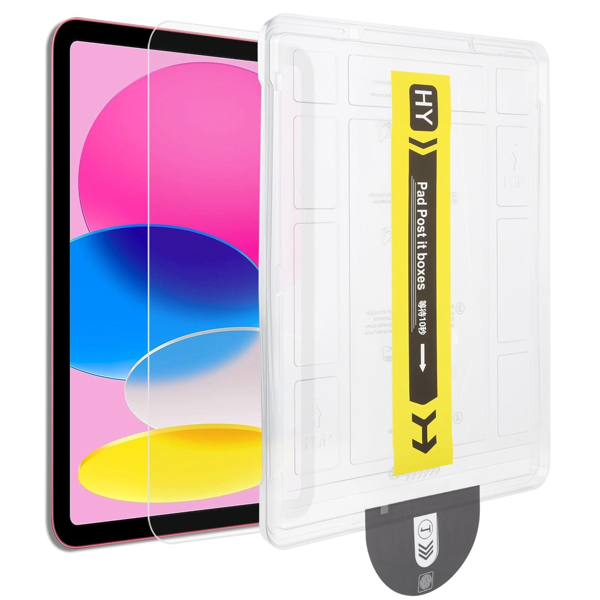 Tablet mit Displayschutzfolie und Verpackung. Auf dem Bildschirm sind rosa, blaue und gelbe Farben zu sehen.