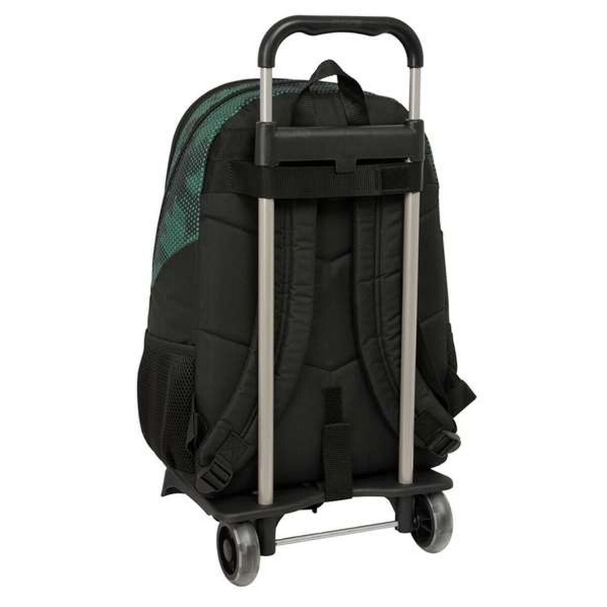 Schwarzer Rucksack auf Rädern mit grün gemustertem Oberteil. Der Griff ist hochgeklappt. Zwei Räder sind sichtbar.