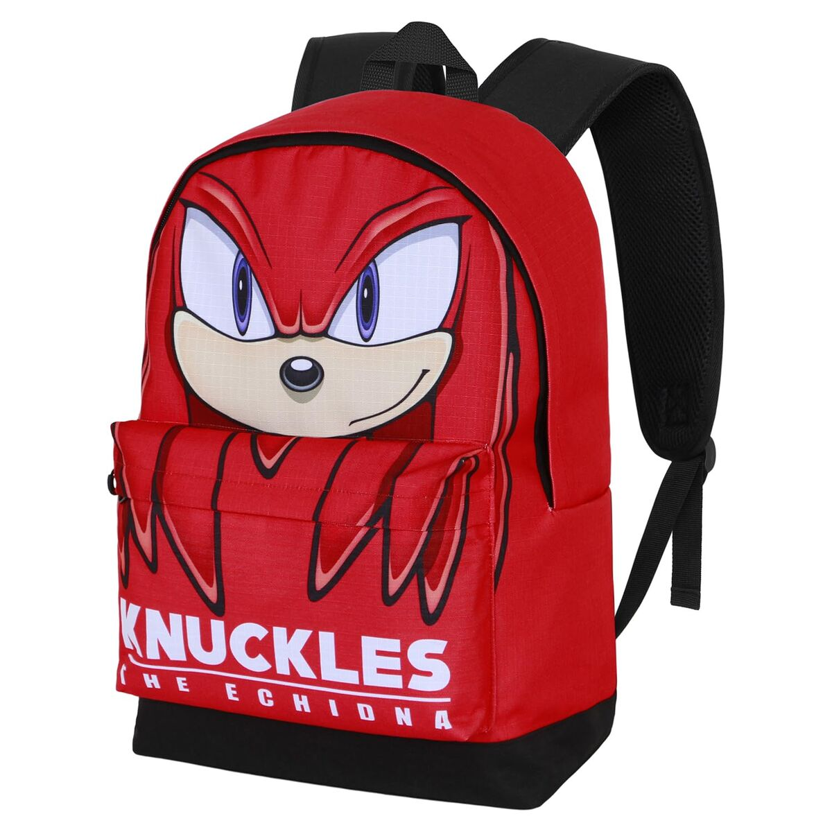 Ein roter Rucksack mit Knuckles the Echidna-Design. Er zeigt das Gesicht der Figur, das Wort 'Knuckles' und schwarze Träger.