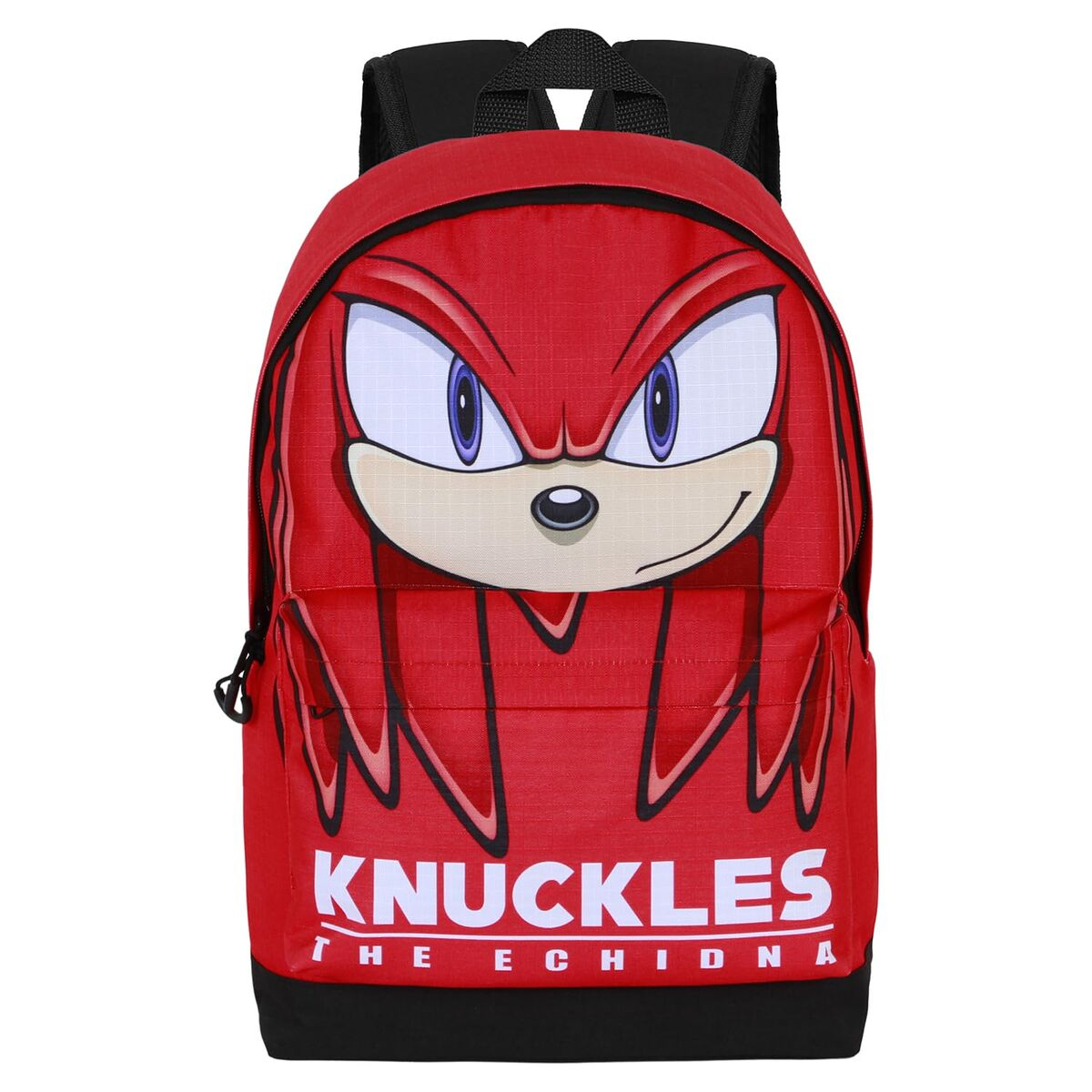 Roter Rucksack mit Knuckles the Echidna-Grafik. Schwarze Träger und Unterseite. Weißer Text 'Knuckles The Echidna'.