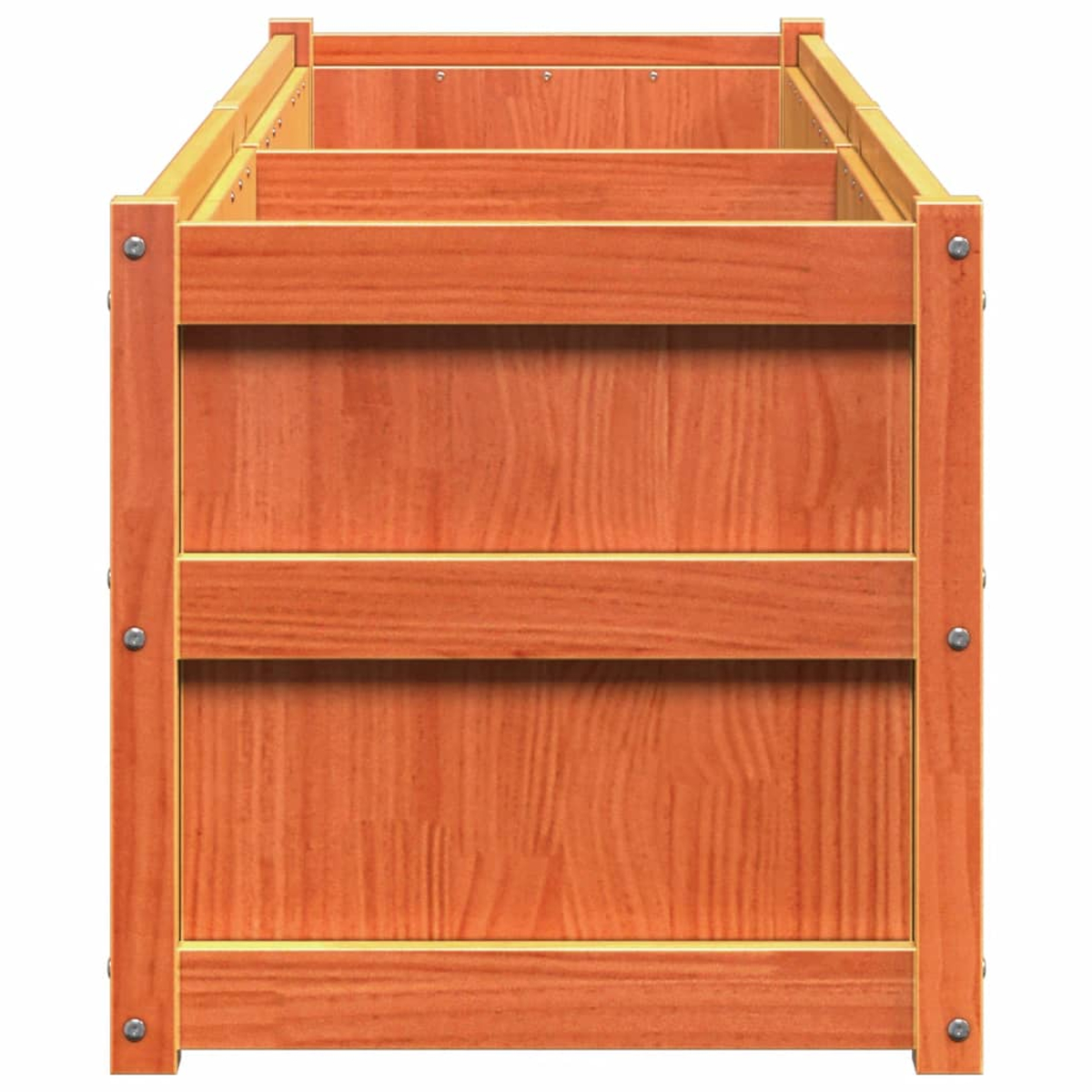 Eine Holzkiste. Die Kiste besteht aus hellbraunem Holz und hat sichtbare Maserung. Die Kiste ist leer.
